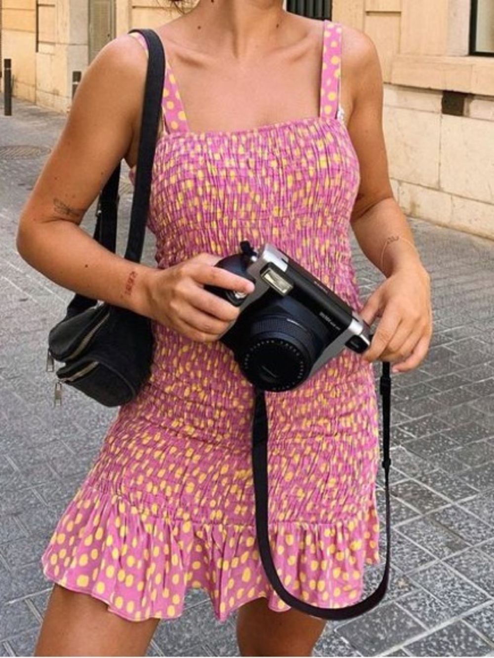 Zara Pink Mini Dress with Yellow Polka Dots